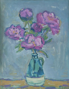 Werkverzeichnis Nr. 566, um 1970, Pfingstrosen in einer grünen und weißen Vase, Öl auf Karton, 49,2 x 37,8 cm