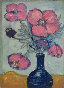 Werkverzeichnis Nr. 567, um 1970, Annemonen in dunkelblauer Vase, Öl auf Karton, 53,0 x 38,5 cm
