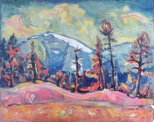 Werkverzeichnis Nr. 559, um 1970, Schweizer Berglandschaft, Öl auf Hartfaser, 56,3 x 70,5 cm