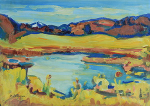 Werkverzeichnis Nr. 549, um 1970, See zwischen Hügeln, Öl auf Karton, 56,8 x 80,1 cm