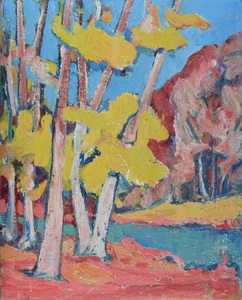 Werkverzeichnis Nr. 563, um 1970, Gelbe Bäume an einem Bach, Öl auf Hartfaser, 71,1 x 56,6 cm