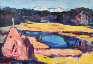 Werkverzeichnis Nr. 545, um 1970, Rosa Heuhocken an einem der kleineren Osterseen, Öl auf Karton, 53,5 x 76,0 cm