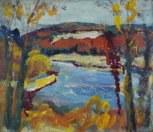 Werkverzeichnis Nr. 564,  1970, Blick auf ein Gewässer, Öl auf Karton, 24,5 x 28,3 cm 