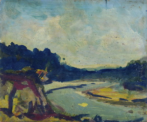Werkverzeichnis Nr. 553, um 1970, Isar, Öl auf Karton, 32,1 x 38,8 cm