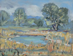 Werkverzeichnis Nr. 548, 1970, Mooslandschaft mit Bäumen, Öl auf Karton, 37,6 x 48,6 cm 