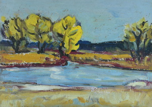 Werkverzeichnis Nr. 550, um 1970, Mooslandschaft mit gelben Bäumen und Gewässer, Öl auf Karton, 38,2 x 52,8 cm