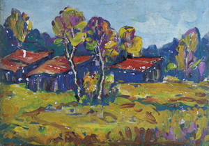 Werkverzeichnis Nr. 547, um 1970, Hütten im Dachauer Moos, Öl auf Karton, 40,1 x 57,0 cm