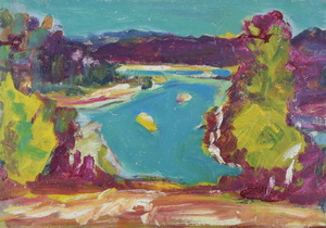 Werkverzeichnis Nr. 551, um 1970, Isar, Öl auf Karton, 40,2 x 57,0 cm