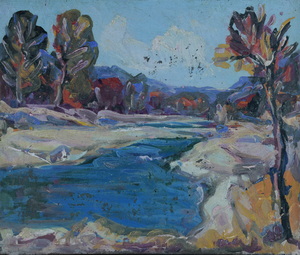Werkverzeichnis Nr. 552, um 1970, Isar mit hellen Kiesbänken, Öl auf Karton, 40,4 x 47,3 cm