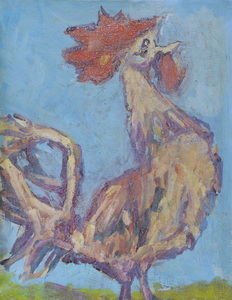 Werkverzeichnis Nr. 573, um 1970, Krähender Hansi nach rechts blickend, Öl auf Karton, 48,5 x 37,5 cm