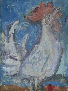 Werkverzeichnis Nr. 574, um 1970, Krähender Hansi vor blauem Hintergrund, Öl auf Karton, 48,9 x 36,8 cm