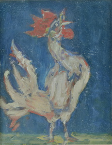 Werkverzeichnis Nr. 575, um 1970, Krähender Hansi nach rechts blickend, Öl auf Karton, 48,9 x 38,0 cm