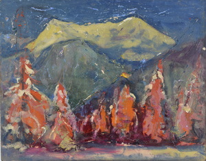 Werkverzeichnis Nr. 556, um 1970, Tannen vor Bergen, Öl auf Hartfaser, 56,5x 71,0 cm