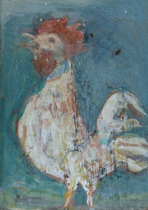 Werkverzeichnis Nr. 576, um 1970, Krähender Hansi nach links blickend, Öl auf Karton, 56,8 x 39,8 cm