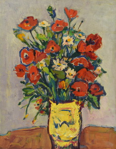 Werkverzeichnis Nr. 565, um 1970, Blumenstrauß in gelber Vase, Öl auf Hartfaser, 65,8 x 51,6 cm