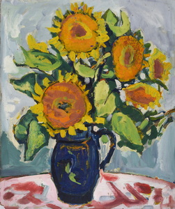 Werkverzeichnis Nr. 568,  1970, Sonnenblumen in dunkelblauem Krug, Öl auf Hartfaser, 66,9 x 56,4 cm 