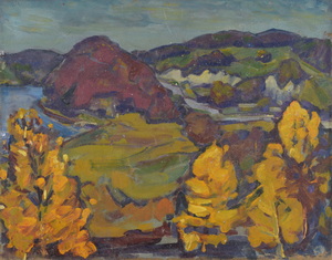 Werkverzeichnis Nr. 560, um 1970, Blick auf einen bewaldeten Berg, Öl auf Hartfaser, 70,8 x 56,6 cm