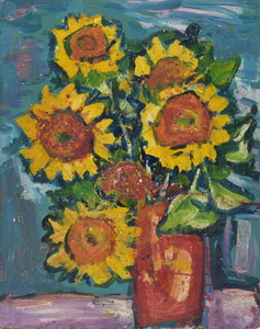 Werkverzeichnis Nr. 569,  1970, Sonnenblumen in brauner Vase, Öl auf Hartfaser, 70,9 x 56,5 cm 
