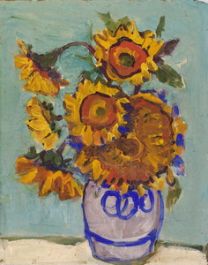 Werkverzeichnis Nr. 570,  1970, Sonnenblumen in blauweißer Vase, Öl auf Hartfaser, 70,9 x 56,5 cm 