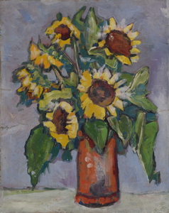 Werkverzeichnis Nr. 571,  1970, Sonnenblumen vor blasslila Grund, Öl auf Hartfaser, 70,9 x 56,7 cm 