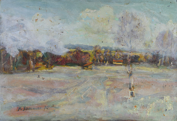  Dachauer Moos, 1970,  um 1990 teilweise weiß übermalt, Acryl, Öl auf Karton, 40,8 x 59,2 cm, 
						bez. u.l.: K. Sommer 70 