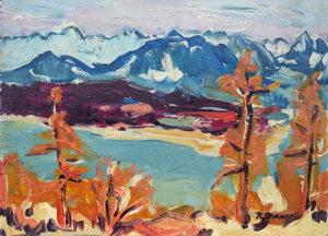 Werkverzeichnis Nr. 578, um 1971, Alpensee mit Bäumen,  Öl auf Karton, 38,7 x 53,0 cm,
						bez. u.r.: K. Sommer 70 