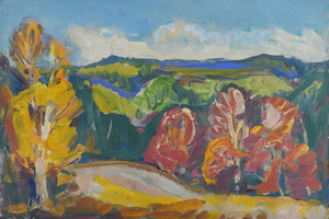 Werkverzeichnis Nr. 592, um 1971, Blick auf den Herzogstand und Heimgarten, Öl auf Karton, 39,8 x 60,3 cm