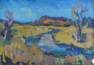 Werkverzeichnis Nr. 579, um 1971, Mooslandschaft mit Bach,  Öl auf Karton, 40,0 x 57,2 cm, 
						Rückseite von Werkverzeichnis Nr. 191, um 1962, Berge mit Gehöften 