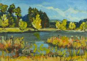 Werkverzeichnis Nr. 581, um 1971, Bäume an einem Gewässer, Öl auf Karton 40,1 x 57,3 cm