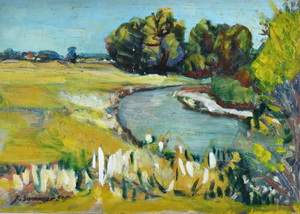 Werkverzeichnis Nr. 584, um 1971,Bäume an einem Bach, Öl auf Karton, 40,4 x 57,0 cm