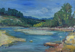 Werkverzeichnis Nr. 585, um 1971, Fluss mit Sandbank, Öl auf Karton, 40,6 x 58,3 cm