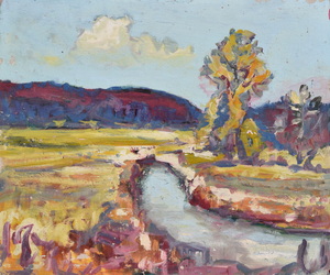 Werkverzeichnis Nr. 586, um 1972, Mooslandschaft mit Bach, Öl auf Karton, 54,4 x 65,0 cm