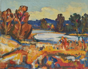 Werkverzeichnis Nr. 587, um 1971, Bäume an einem Gewässer, Öl auf Hartfaser, 54,8 x 69,7 cm