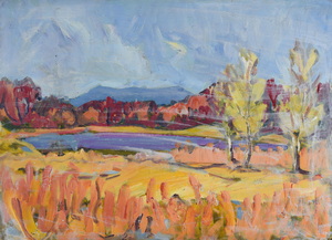 Werkverzeichnis Nr. 588, um 1971, Kleinerer Ostersee mit weißen Schlieren übermalt, Öl auf Karton, 55,5 x 75,5 cm