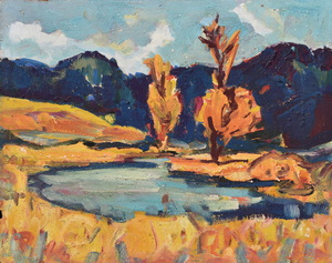 Werkverzeichnis Nr. 591, um 1971, Gewässer und Bäume in den Bergen, Öl auf Hartfaser, 56,7 x 70,8 cm