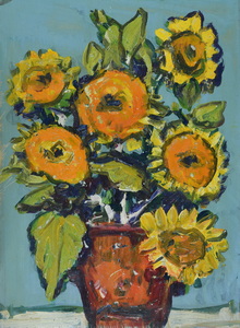 Werkverzeichnis Nr. 593, um 1971, Sonnenblumen in braunem Topf, Öl auf Karton, 53,0 x 38,5 cm