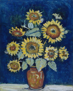 Werkverzeichnis Nr. 596, um 1971, Sonnenblumen vor blauem Grund, Öl auf Hartfaser, 71,0 x 56,5 cm