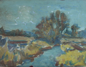 Werkverzeichnis Nr. 580, um 1971, Mooslandschaft mit kleinem Bach und Bäumen,  Öl auf Karton, 37,7 x 48,3 cm