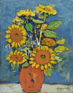 Werkverzeichnis Nr. 594, um 1971, Sonnenblumen in braunem Topf vor blauer Wand, Öl auf Hartfaser, 53,0 x 38,5 cm