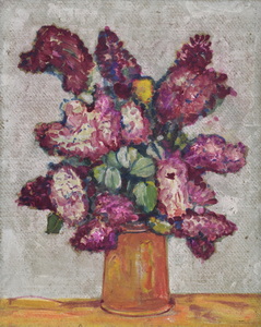 Werkverzeichnis Nr. 599, um 1971, Fliederstrauß vor hellem Grund, Öl auf Hartfaser, 71,1 x 56,5 cm