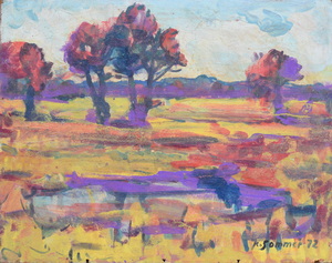 Werkverzeichnis Nr. 605,  1972, Mooslandschaft mit Bäumen und Tümpel, Öl auf Hartfaser, 56,5 x 71,5 cm,
						bez. u.r.:  K. Sommer 72