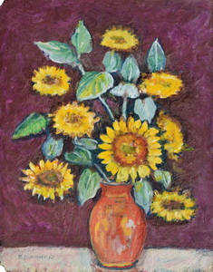 Werkverzeichnis Nr. 610, um 1972, Sonnenblumen in brauner Vase vor rotem Grund, Öl auf Hartfaser, 71,1 x 56,8 cm,bez. u.l.:  K. Sommer 72,
						Sammlung Marianne und Michael Gorkow, Berlin