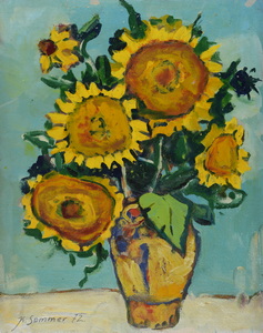 Werkverzeichnis Nr. 609,  1972, Sonnenblumen vor türkisem Grund, Öl auf Hartfaser, 71,0 x 57,3 cm