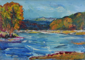 Werkverzeichnis Nr. 643, um 1972, Isar , Öl auf Karton, 40,2 x 57,0 cm