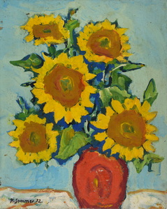Werkverzeichnis Nr. 606, 1972,  Fünf Sonnenblumen in brauner Vase, Öl auf Hartfaser, 68,6 x 54,7 cm, bez. u.l.: K. Sommer 72.