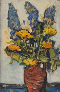 Werkverzeichnis Nr. 673, um 1972, Blumenstrauß in brauner Vase, Öl auf Holz, 52,0 x 35,0 cm