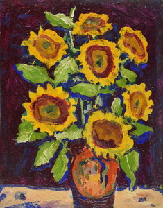 Werkverzeichnis Nr. 671, um 1972, Sieben Sonnenblumen vor brauner Wand, Öl auf Hartfaser, 70,5 x 56,2 cm