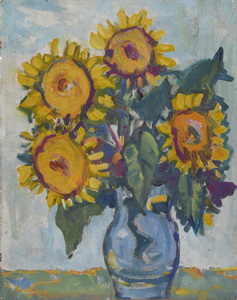 Werkverzeichnis Nr. 672, um 1972, Vier Sonnenblumen in blaugrauer Vase, Öl auf Hartfaser, 70,8 x 56,3 cm