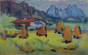 Werkverzeichnis Nr. 649, um 1972, Blick auf den Watzmann vom Perlerlehen, Öl auf Karton, 14,5 x 22,9 cm