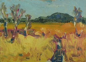 Werkverzeichnis Nr. 612, um 1972, Mooslandschaft mit Graben, Acryl auf Karton, 15,3 x 21,7 cm